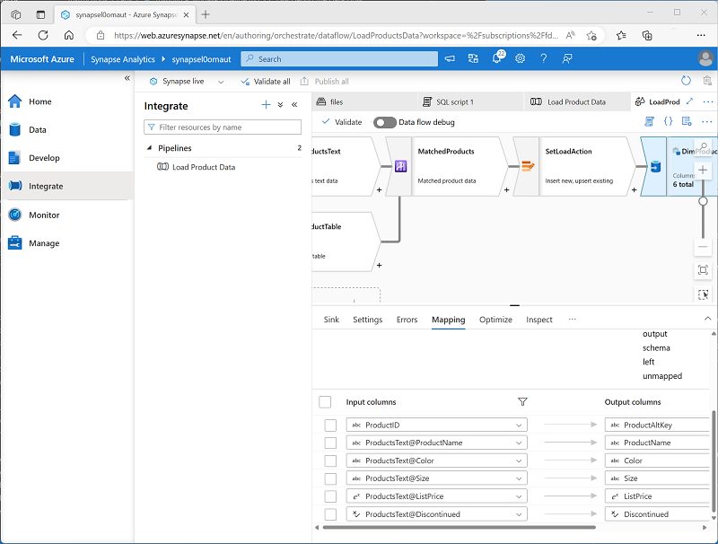 Screenshot of a data flow with two sources, a lookup, an alter row, and a sink.