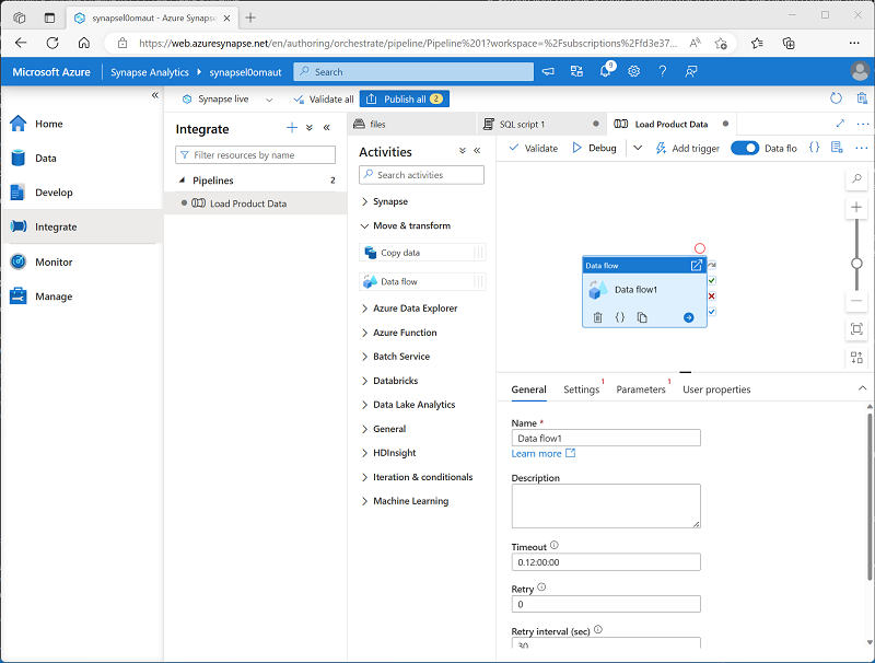 Screenshot of a pipeline with a data flow activity.
