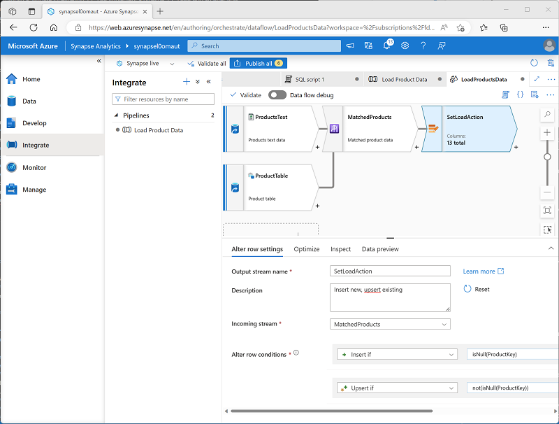Screenshot of a data flow with two sources, a lookup, and an alter row.