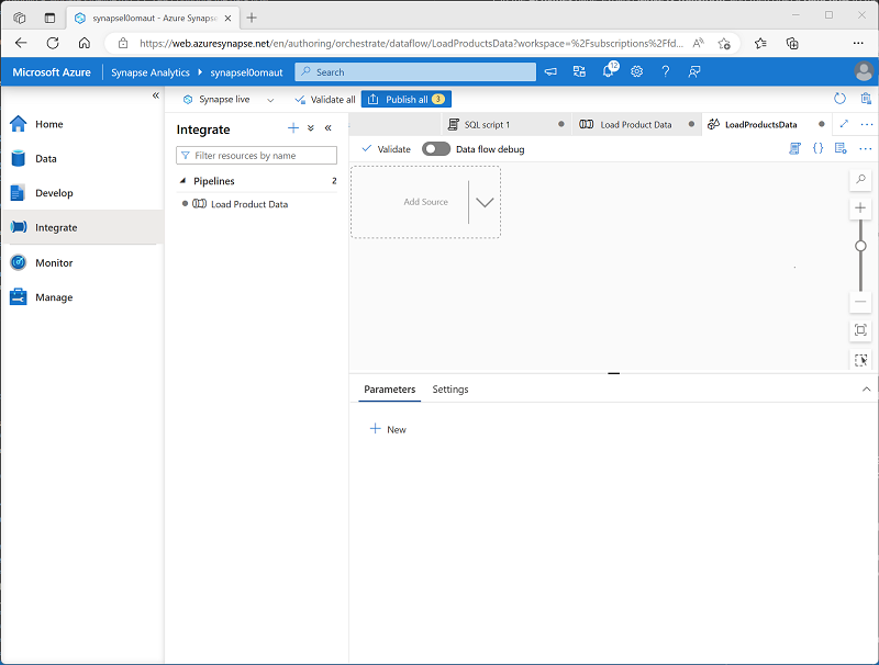 Screenshot of an empty data flow activity.