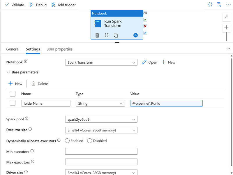 Screenshot of a pipeline containing a Notebook activity with settings.