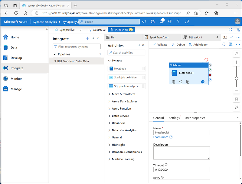 Screenshot of a pipeline containing a Notebook activity.