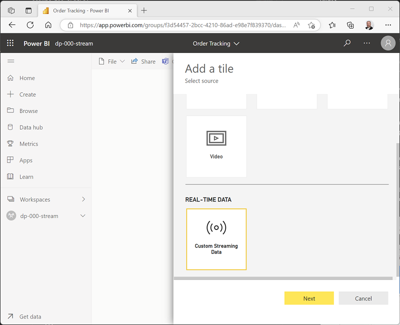A screenshot of the Add a tile pane in Power BI.
