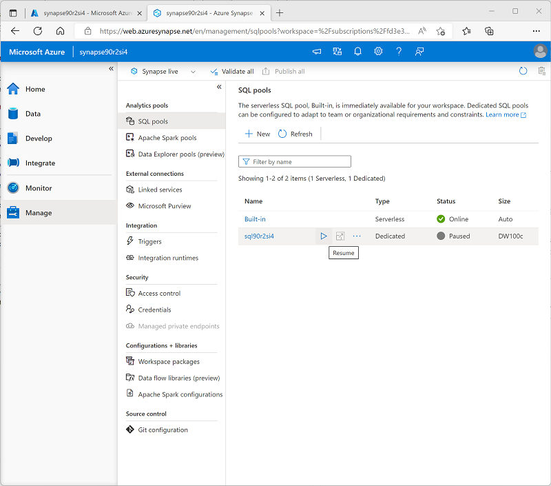 A screenshot of the SQL pools page in Synapse Studio.