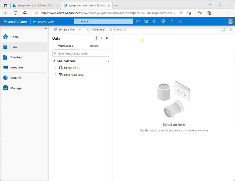 A screenshot of the Data page in Synapse Studio, listing two SQL databases,