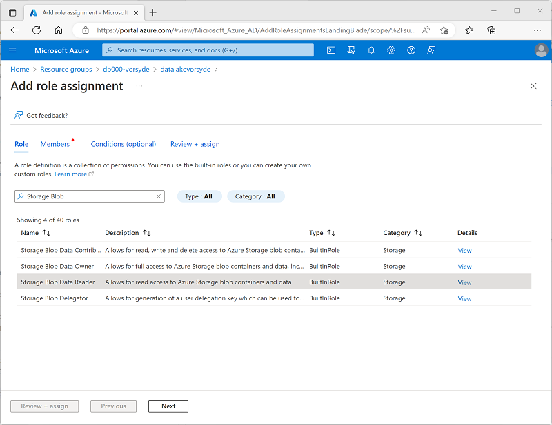 A screenshot of the Add role assignment Role tab.
