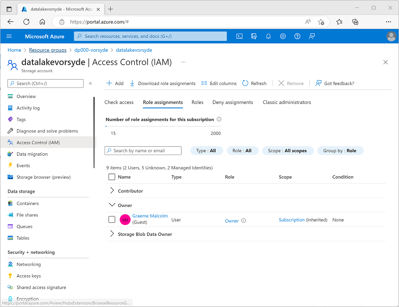 A screenshot of the Role Assignments tab for a storage account.