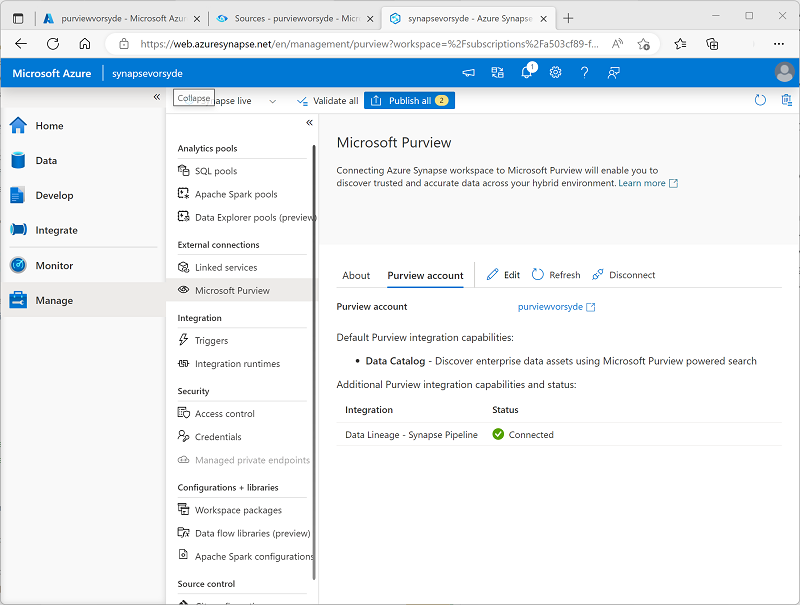 A screenshot showing the Purview account in Synapse Studio.