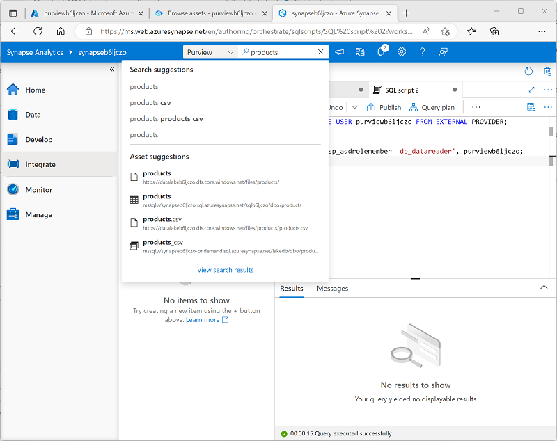 Screenshot of the search box in Synapse Studio searching Purview.